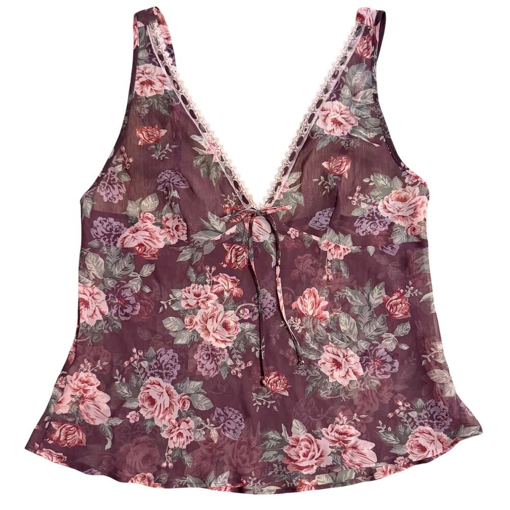 VTG Y2K Tank Top Sheer Floral Lace Bow V-Neck Jones New York Pink Women’s Large